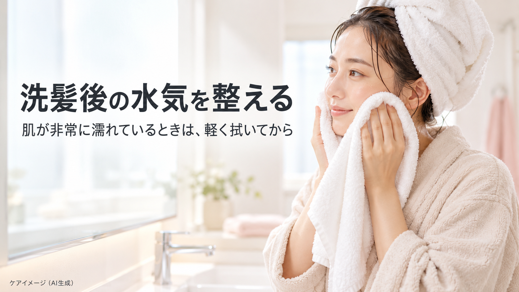 洗髪後にタオルで頬の水気をやさしく押さえる成人を描いた一般的なケアイメージ(AI生成)。