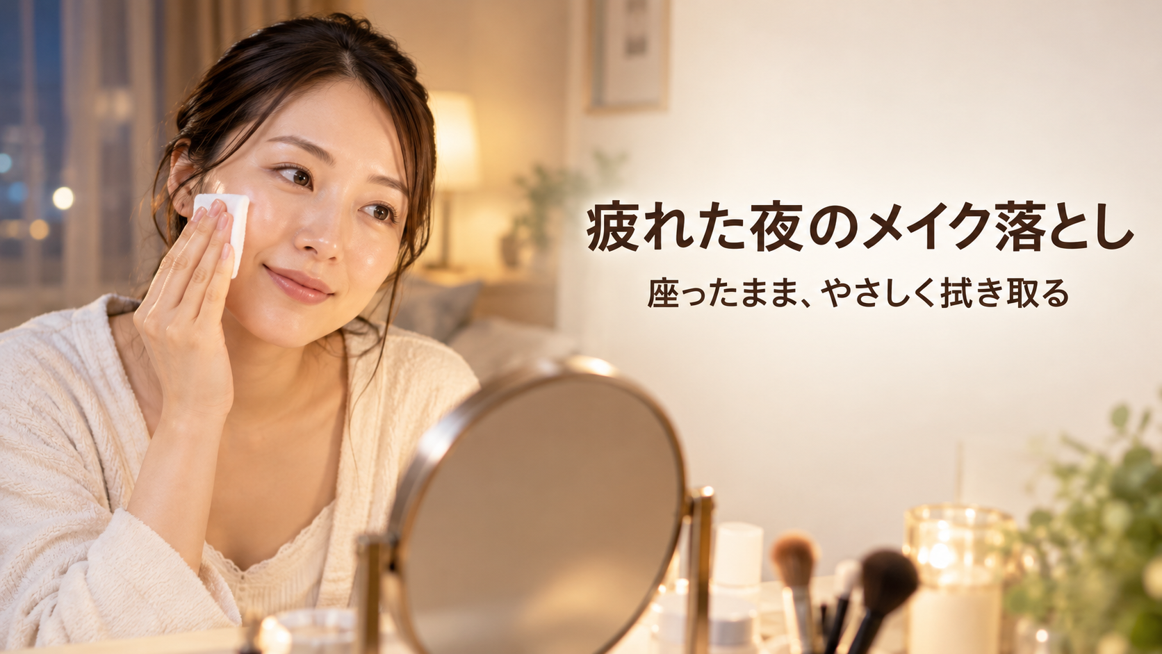 鏡の前でコットンを頬に当てる女性と、疲れた夜のメイク落としを案内する生成イメージ