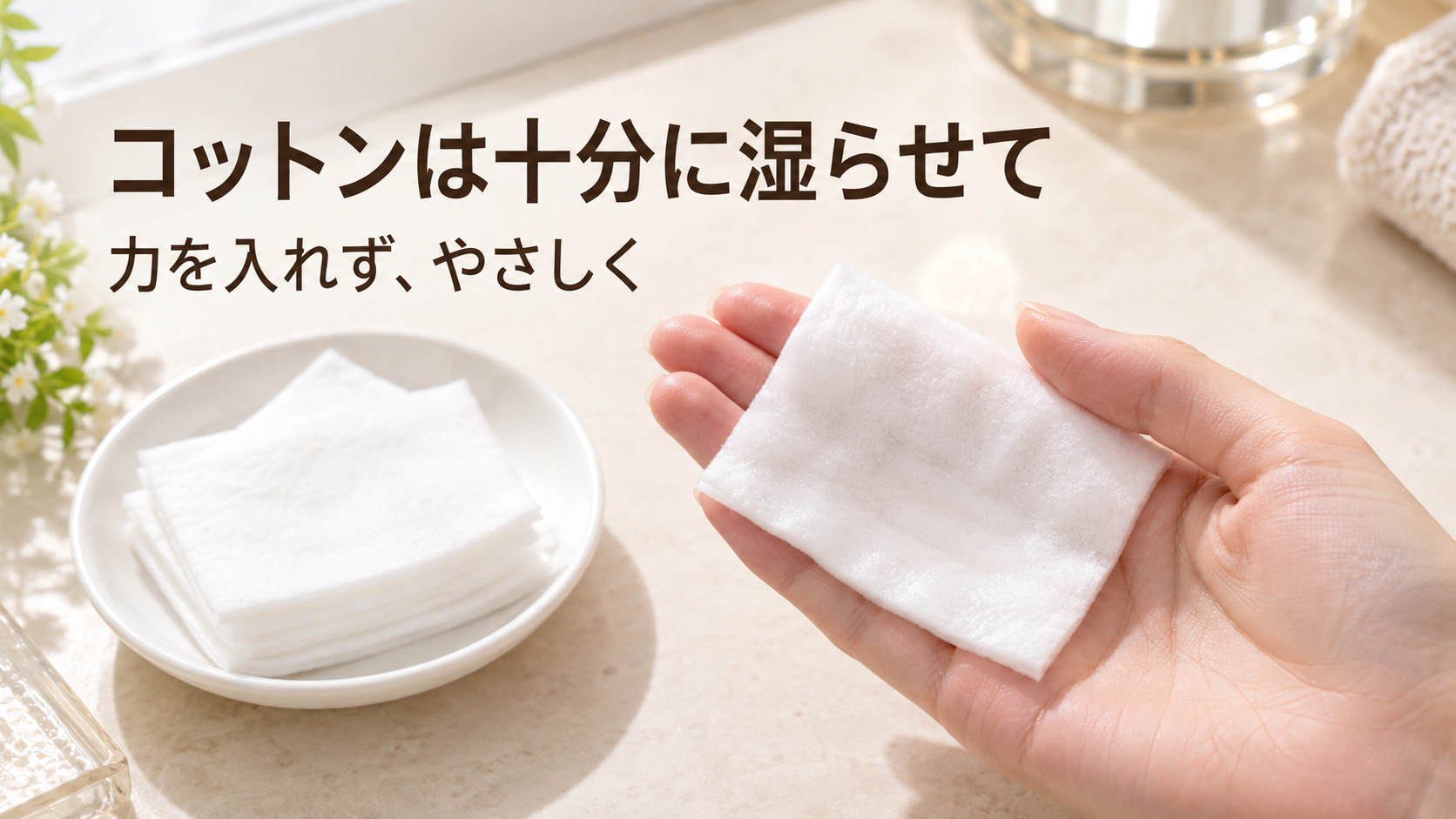 大判の白いコットンを手に持ち、十分に湿らせて使うことを案内する生成イメージ