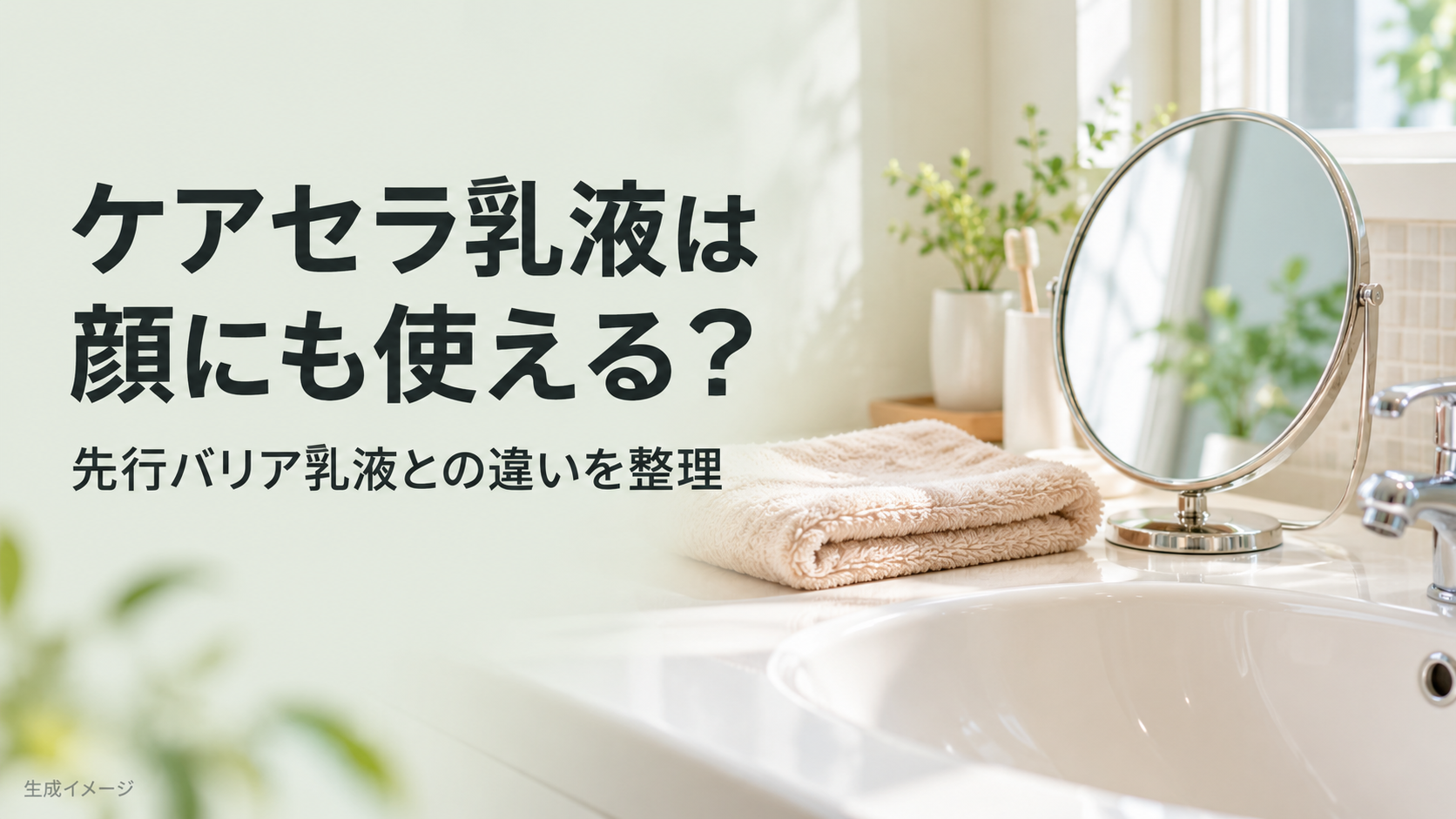 洗面台の鏡とタオルに、ケアセラ乳液の顔への使用と先行乳液との違いを示す文字を重ねた生成イメージ。