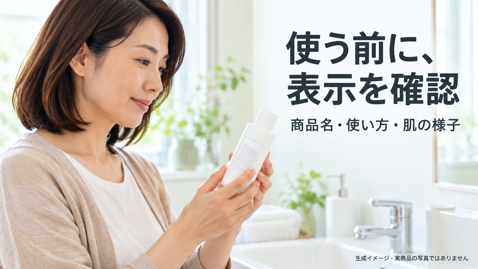 明るい洗面所で、成人が無地のスキンケア容器の表示を確かめる生成イメージ。実商品の写真ではありません。