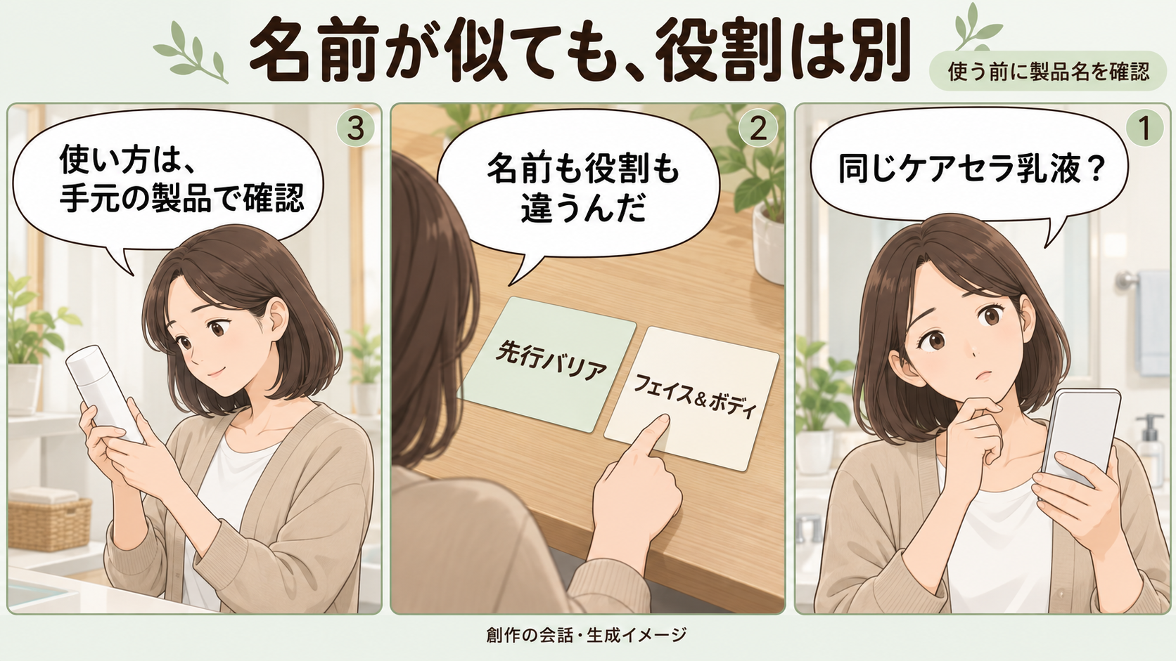 同じブランド名で迷った成人が、フェイス＆ボディ乳液と先行バリア乳液の名称の違いを確かめ、手元の使い方を確認する3コマの創作漫画。