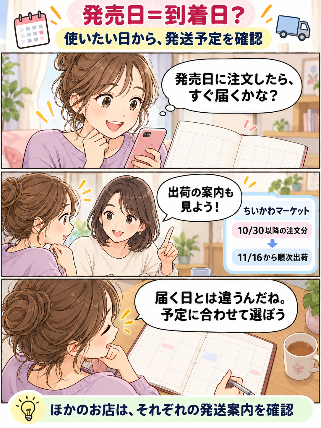 発売日に注文してもすぐ届くとは限らないと知り、ショップごとの発送案内と使いたい日を確かめる女性の3コマ漫画