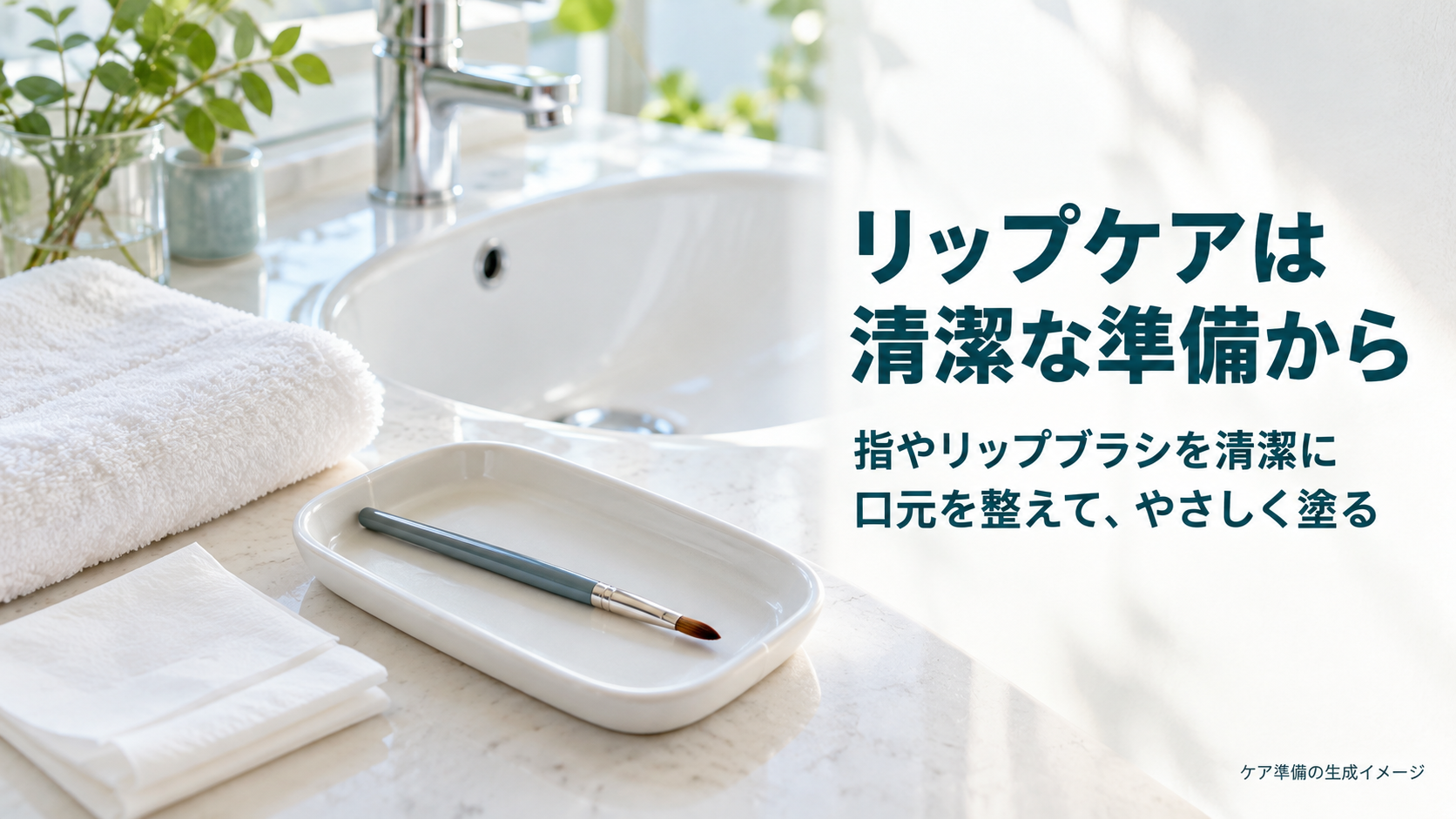 清潔なリップブラシとタオルを洗面台に用意した、唇のケア準備の生成イメージ。