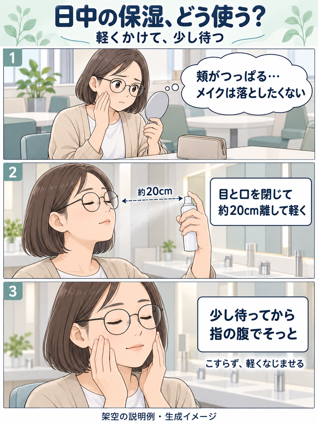日中の乾燥を気にする人物が、約20cm離して軽く噴霧し、少し待って指の腹でなじませる3コマの架空の説明例。
