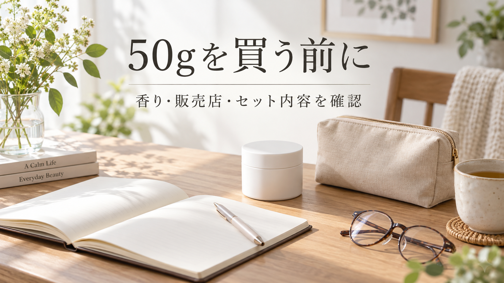 ノートを使って化粧品の容量や販売条件を整理する机上のイメージ