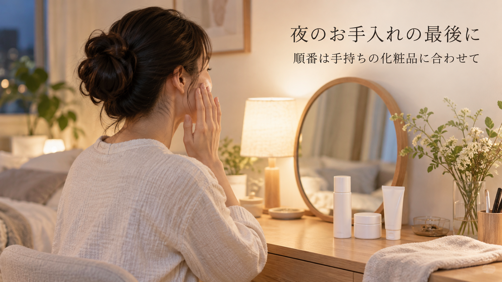 洗面台の前で夜のスキンケアを仕上げる女性のイメージ
