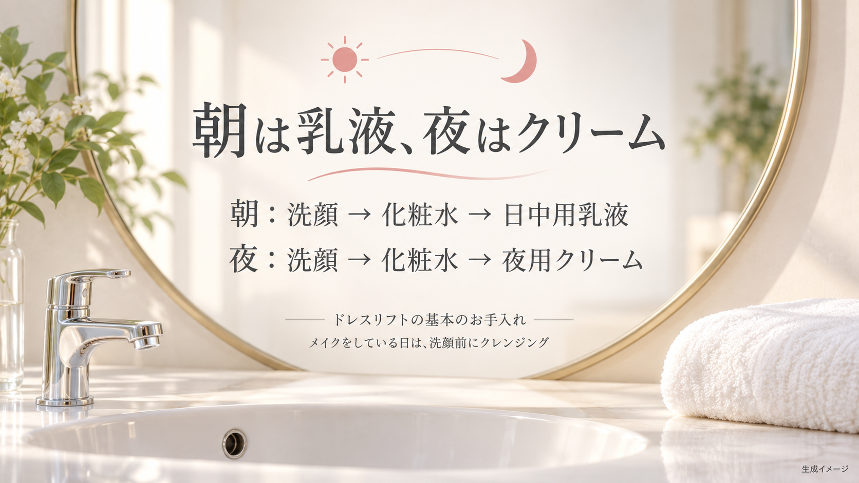 ドレスリフトの朝は洗顔・化粧水・日中用乳液、夜は洗顔・化粧水・夜用クリームという順番を示す生成イメージ。メイクをした日は洗顔前にクレンジング。