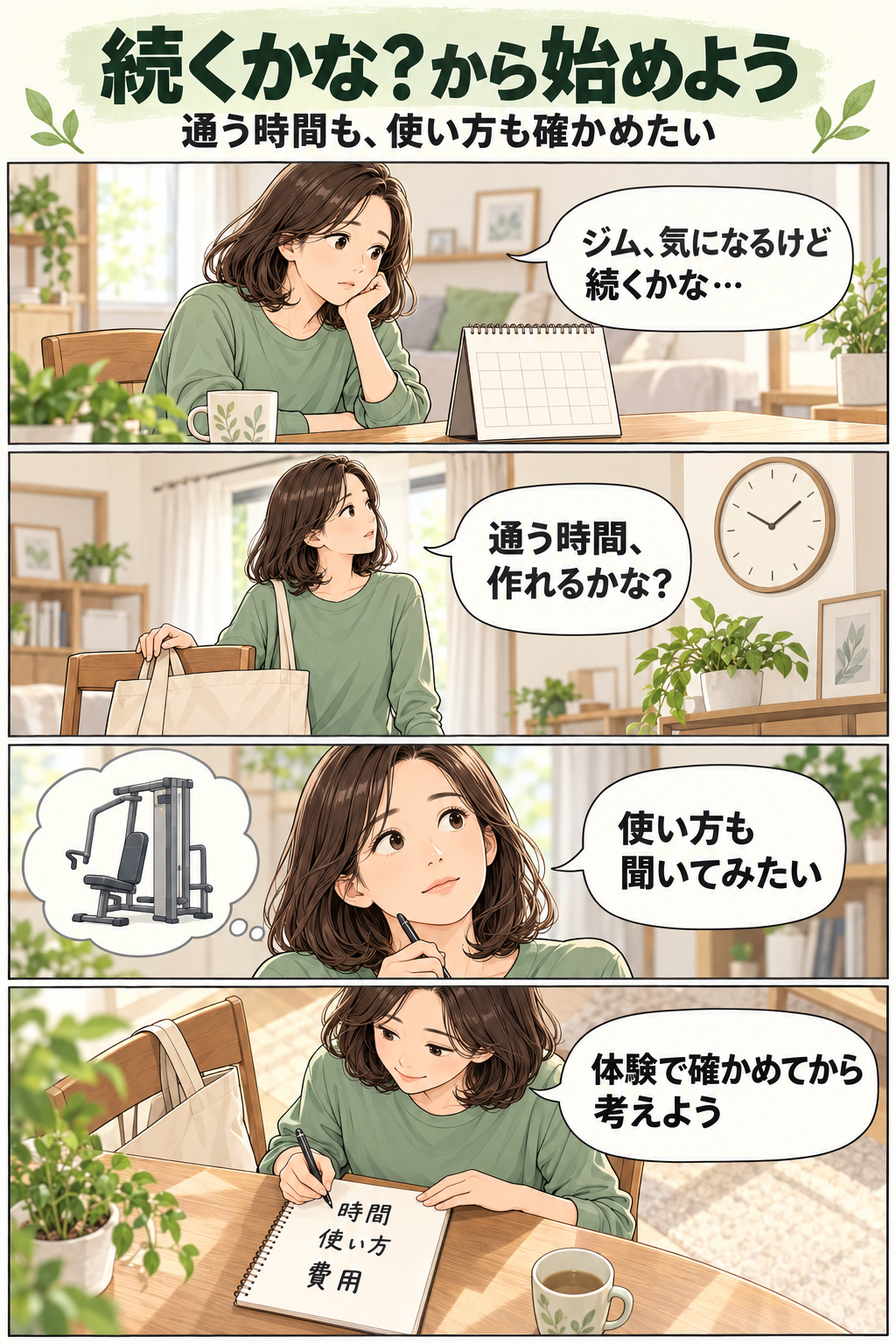 ジムが続くか迷う人が、無料体験で確かめたいことを考える架空の漫画