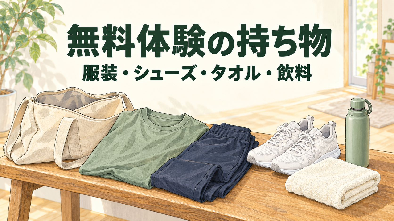 運動着、シューズ、タオル、飲料をジム用バッグに準備するイメージ
