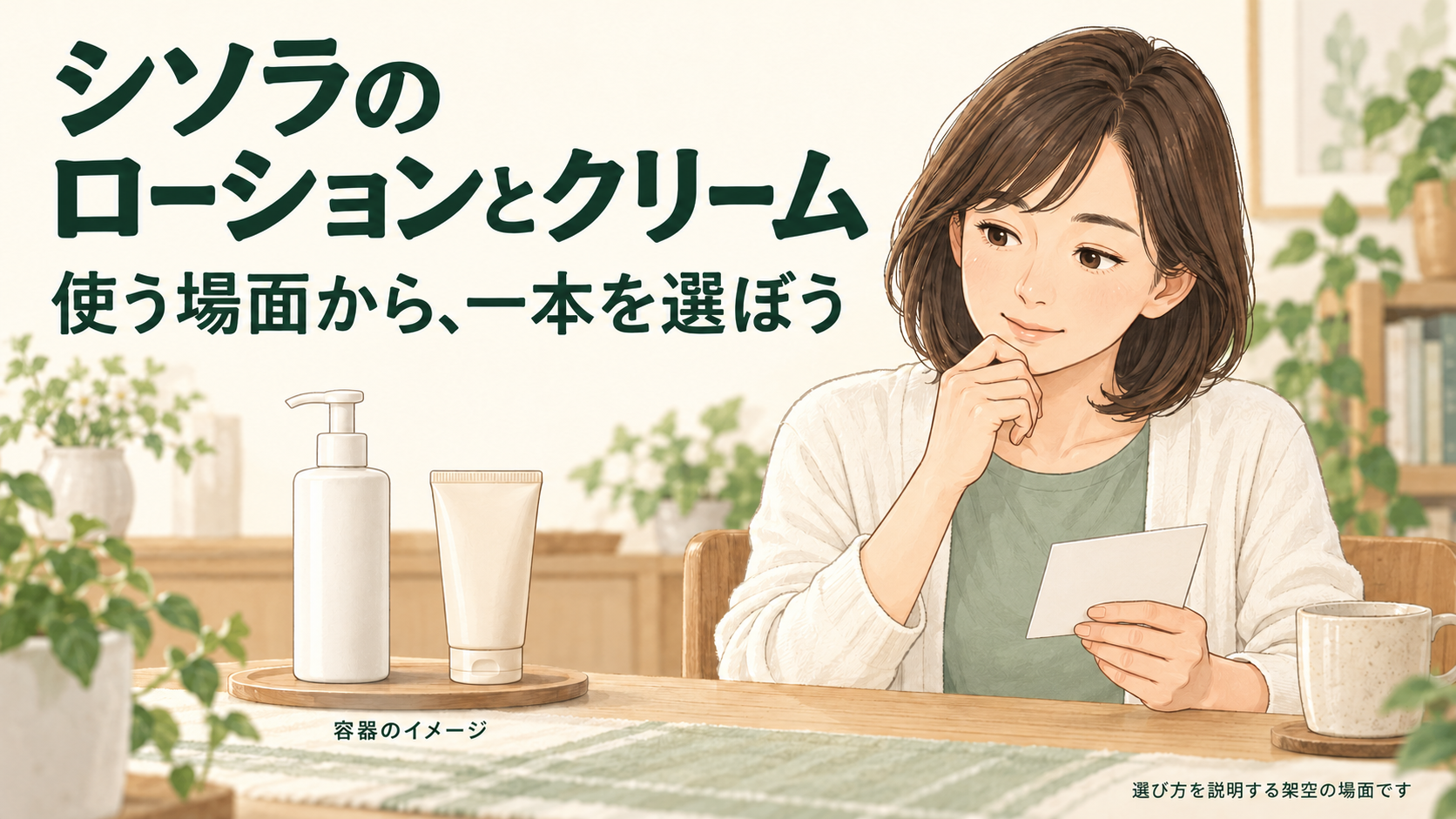 ローションとクリームを使う場面から選ぶイメージ。