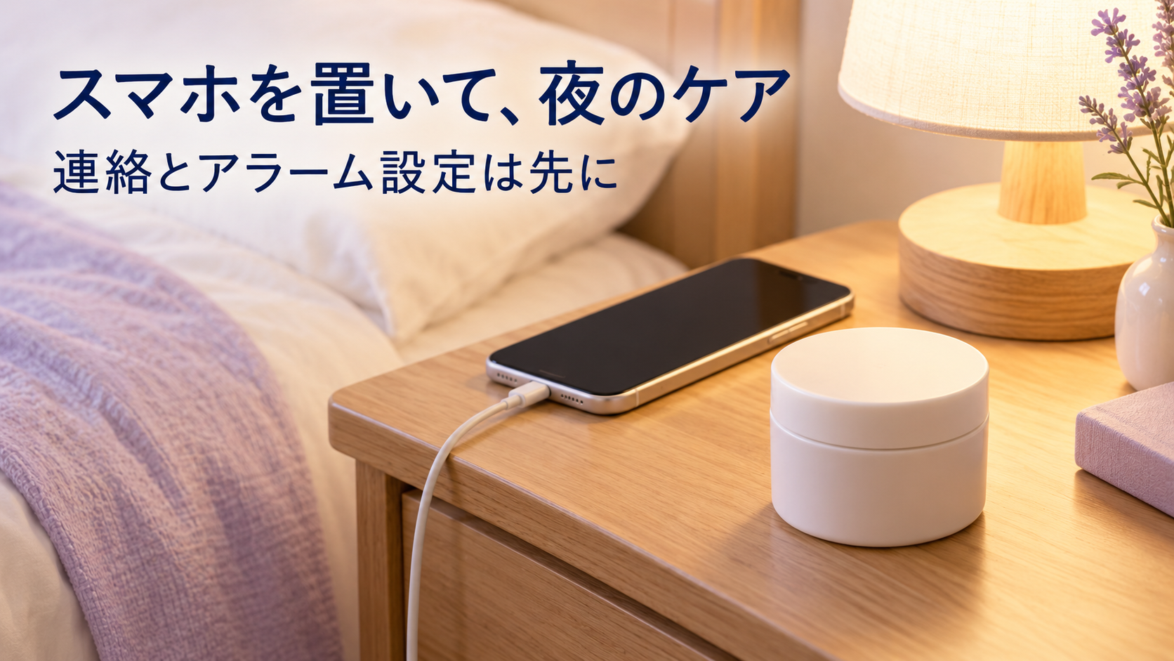 充電中のスマートフォンを置き、寝る前のハンドケアを準備する生活場面。