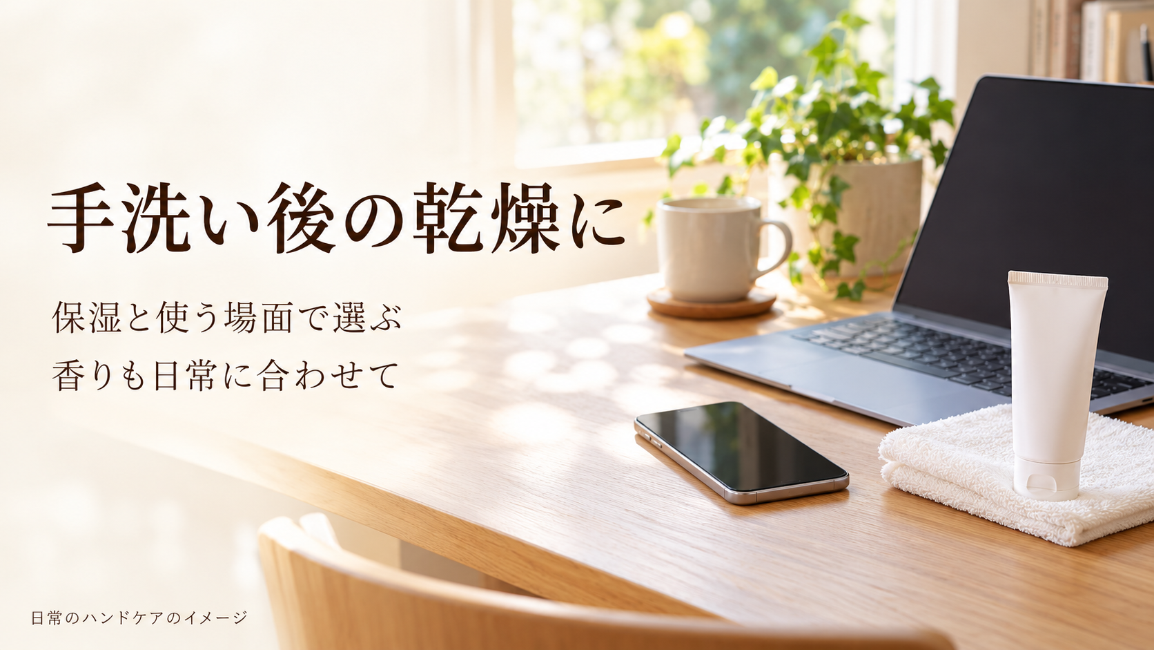 ノートPCとスマートフォンのそばにタオルと無地のクリームを置いた、日常のハンドケアのイメージ