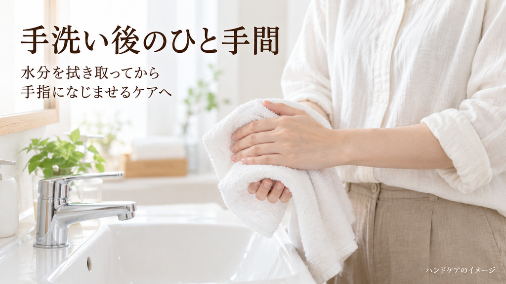 洗面台で清潔なタオルを使って手の水分を拭き取る成人のハンドケアイメージ