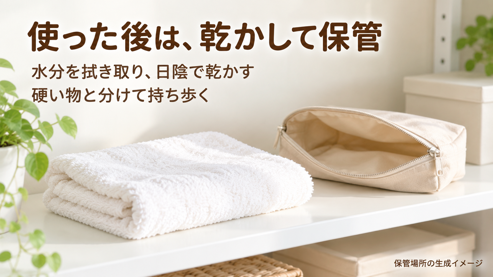 タオルとポーチを置いた棚に、水分を拭き日陰で乾かす保管方法を記した生成イメージ。