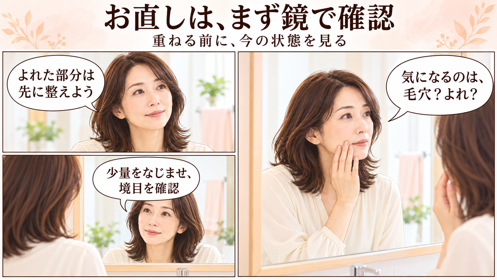 鏡で毛穴とよれを見分け、よれを整えてから少量をなじませ境目を確認する3コマ漫画