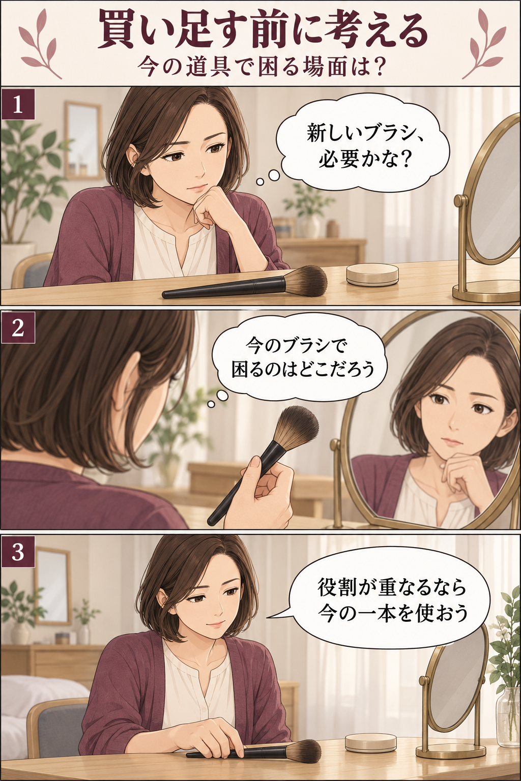 手持ちのブラシで困る場面と買い足す役割を考え、役割が重なるなら今の一本を使う3コマの説明漫画。
