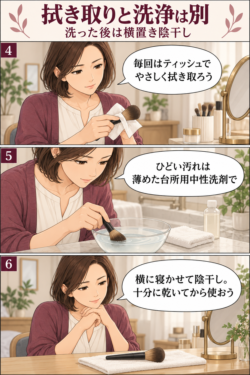 使用後の拭き取り、ひどい汚れの洗浄、横に寝かせて陰干しする流れを示す3コマの手入れ説明漫画。