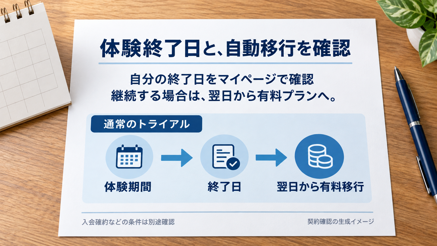 通常のトライアルの終了日と、その翌日の有料移行を分けて確認する流れを示す生成イメージ。