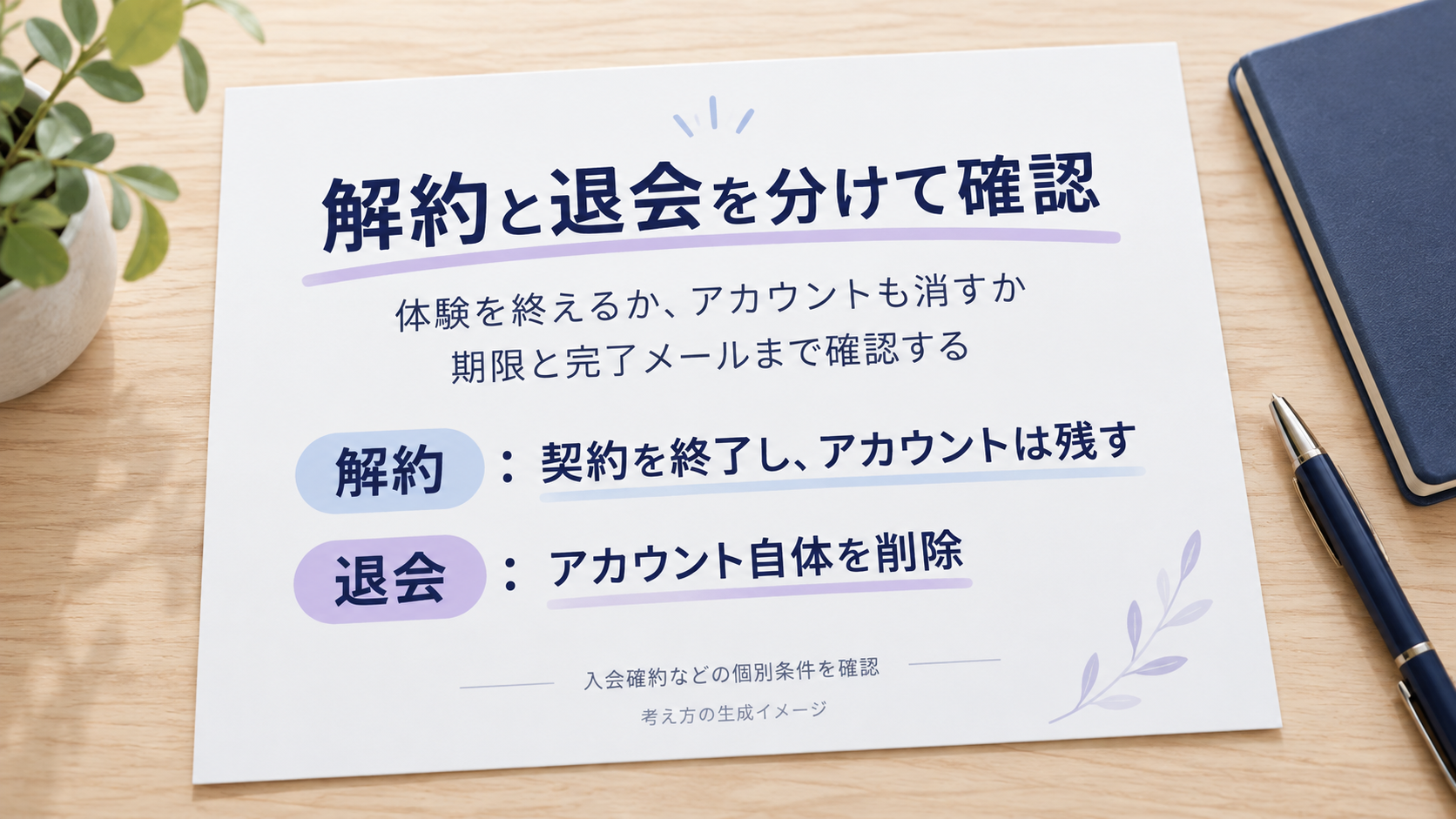 解約は契約の終了、退会はアカウントの削除という違いを説明する生成イメージ。