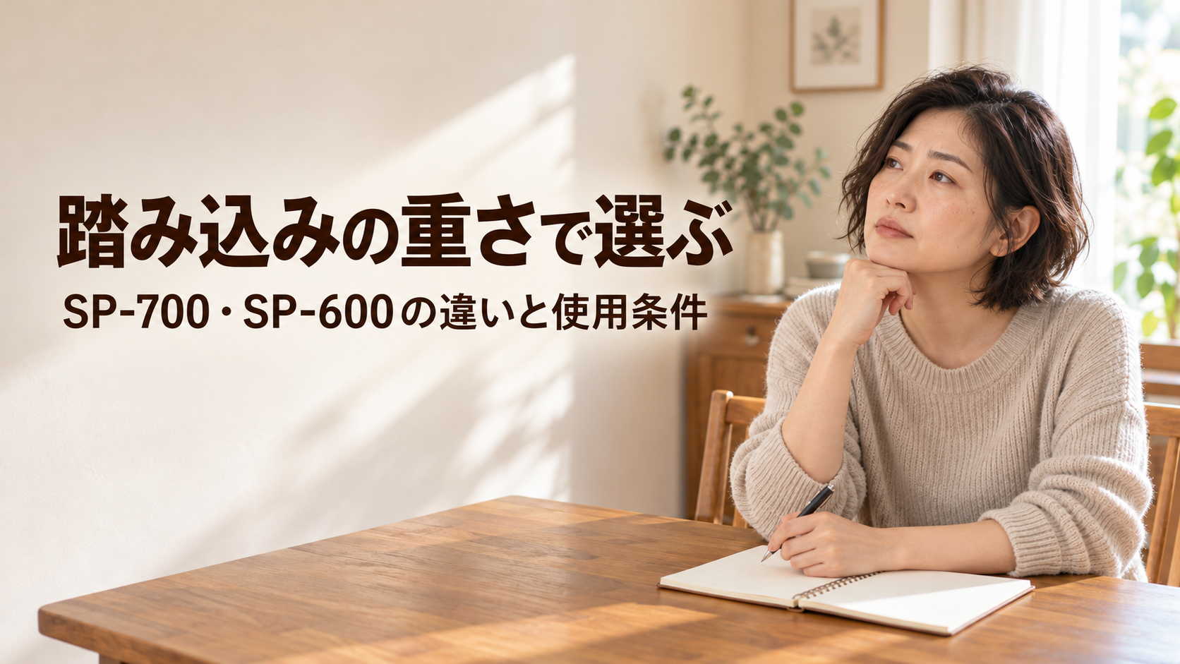 踏み込みの重さと使用条件でSP-700・SP-600を選ぶことを伝える、購入前の検討場面の生成イメージ。
