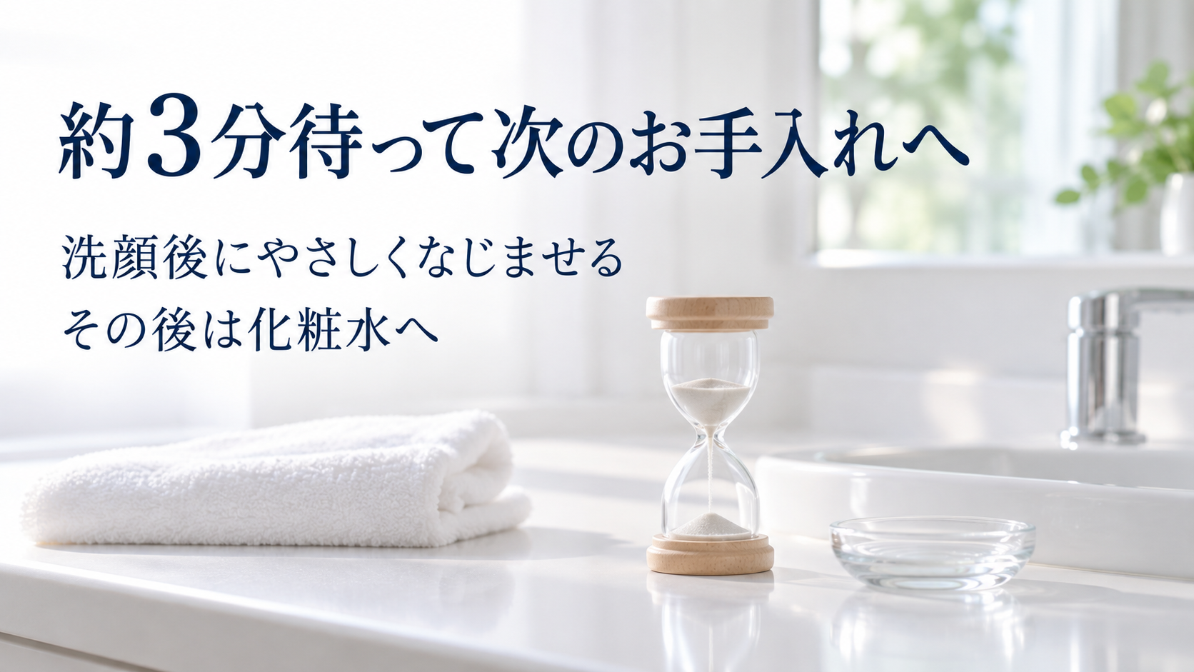 洗顔後にタカミスキンピールを使い約3分待って化粧水へ進む手順を示す砂時計のイメージ。