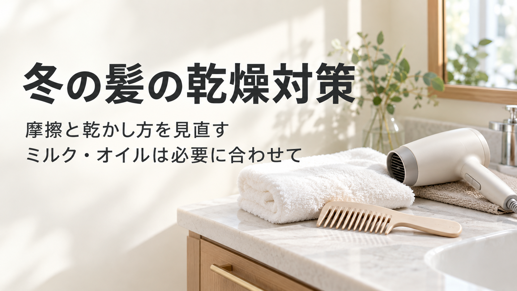 タオル、コーム、ドライヤーと、冬の髪の乾燥対策の文字があるケアイメージ