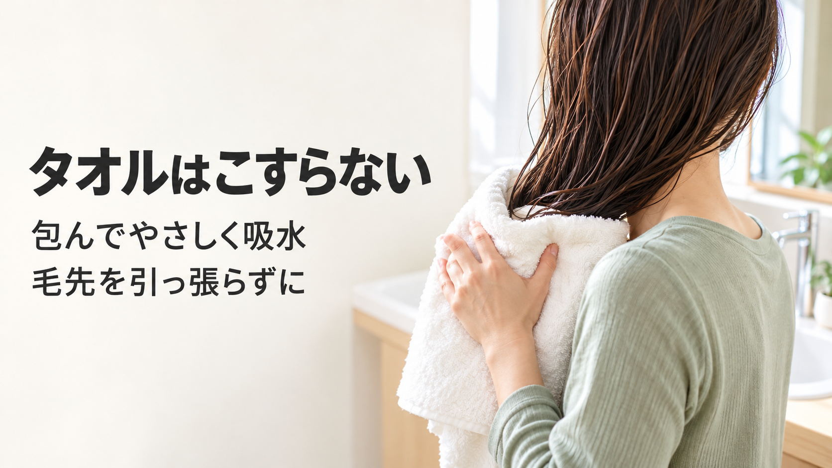 濡れた髪の毛先をタオルで包み、こすらずやさしく押さえて水気を取る動作
