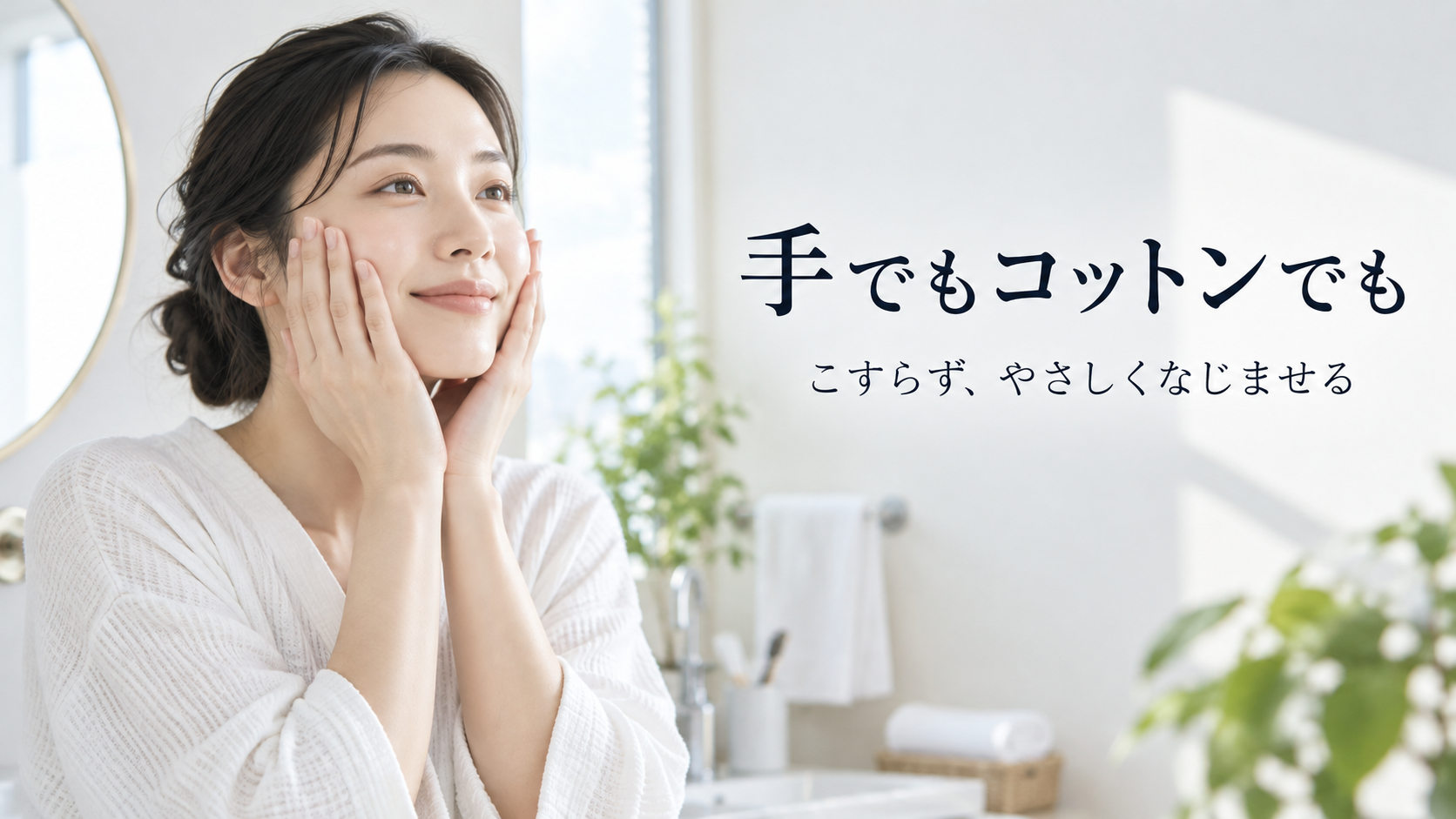 両手で頬にやさしく触れ、こすらずになじませる成人のスキンケアイメージ