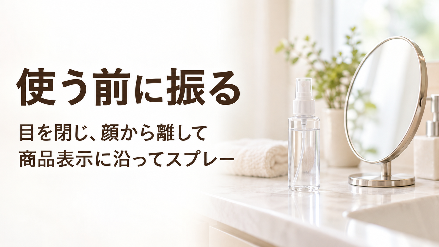 ミストを使う前に振り、目を閉じて顔から離すことを示すイメージ